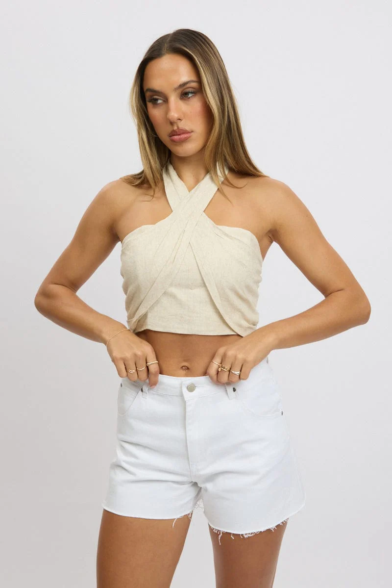 Beige Halter Crop Top Linen Blend - Image 3