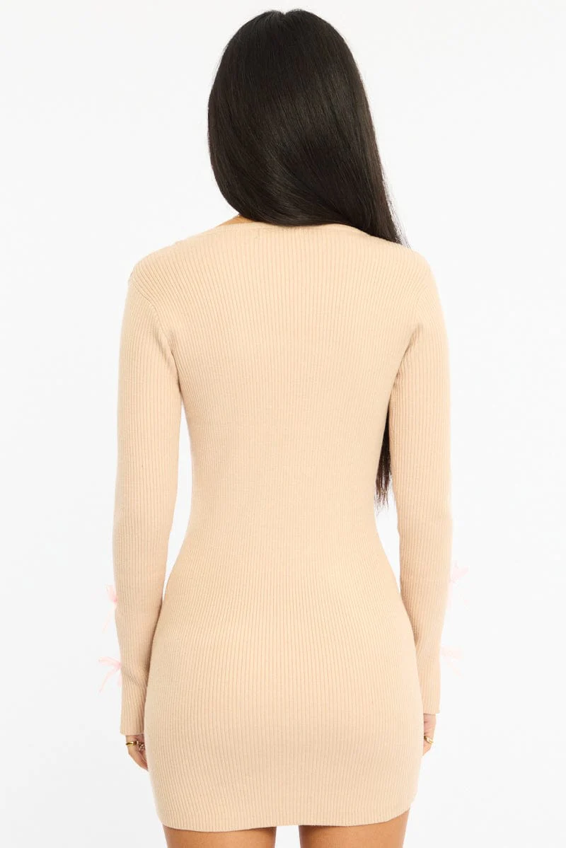 Beige Knit Dress Long Sleeve Mini - Image 4