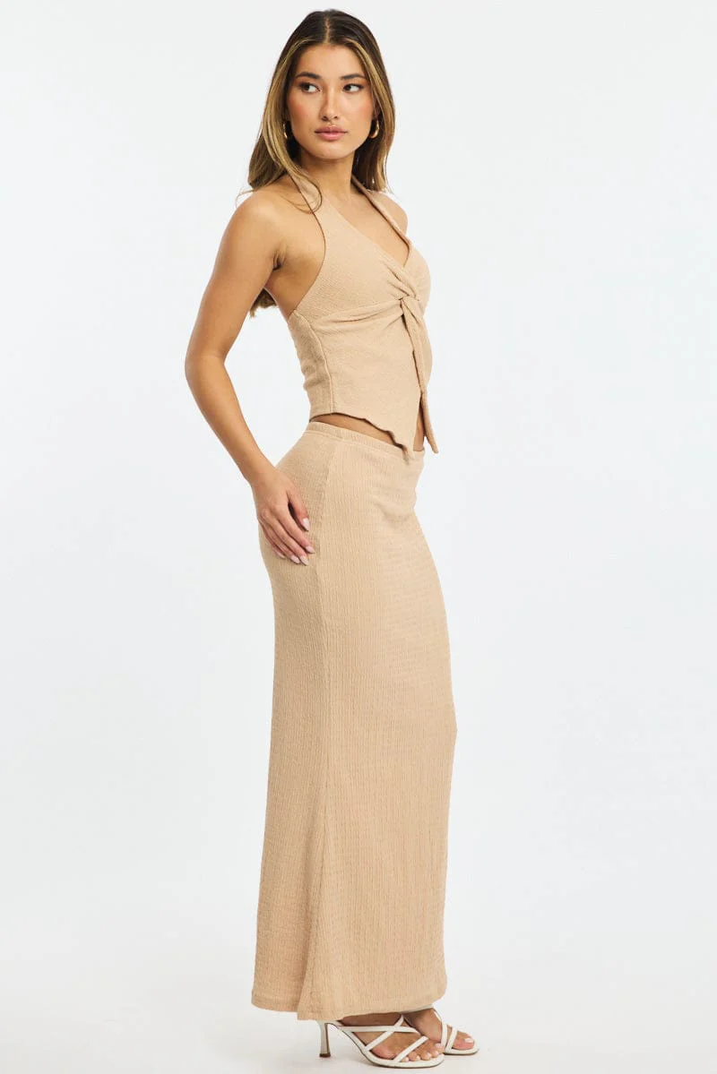 Beige Maxi Skirt Elasticated Waist Textured Half Lined - Image 3