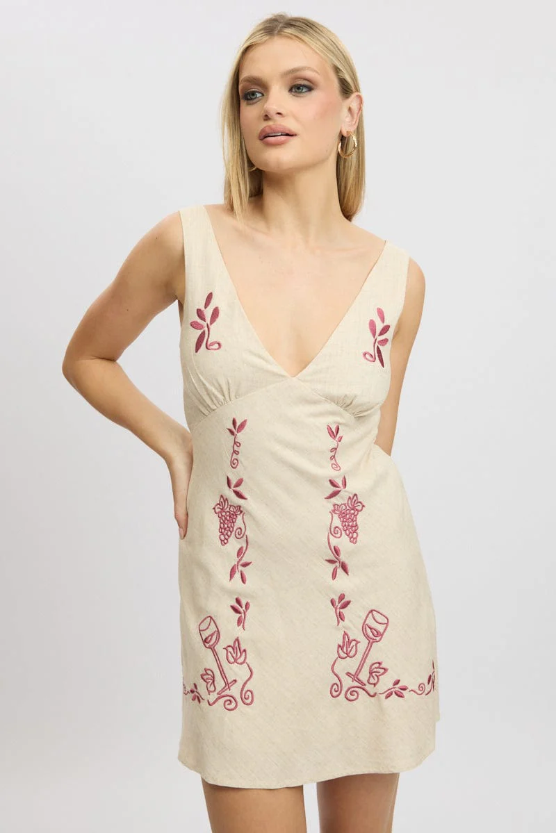 Beige Mini Dress V Neck Embroidery - Image 3