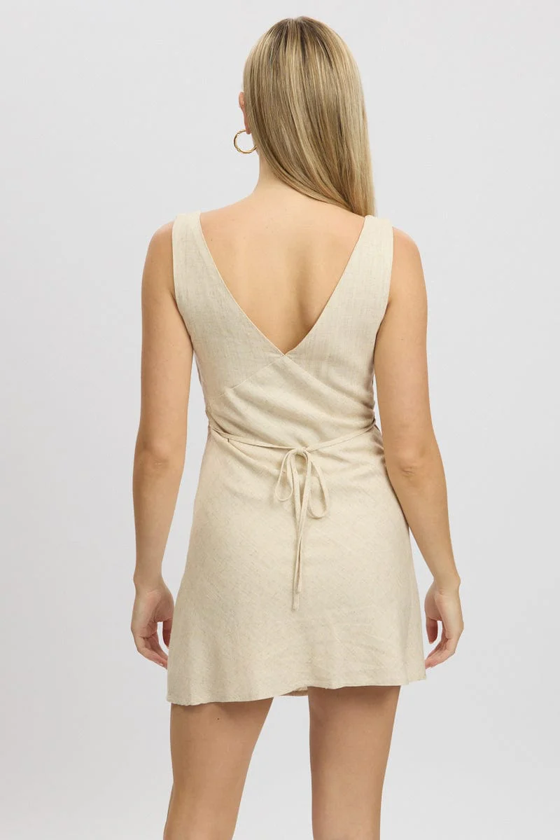 Beige Mini Dress V Neck Embroidery - Image 5