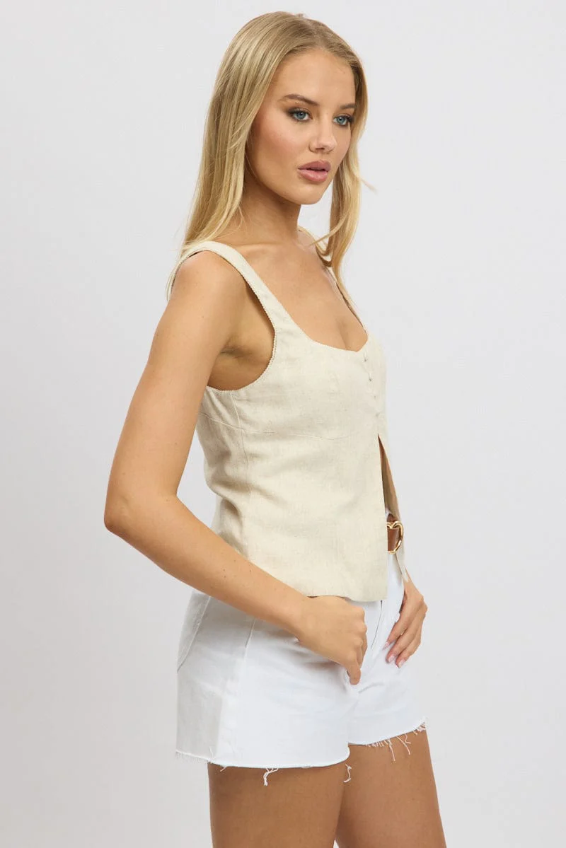 Beige Open Front Top Sleeveless Linen Blend - Image 4