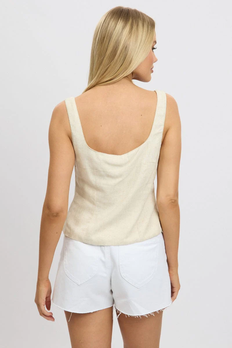Beige Open Front Top Sleeveless Linen Blend - Image 5