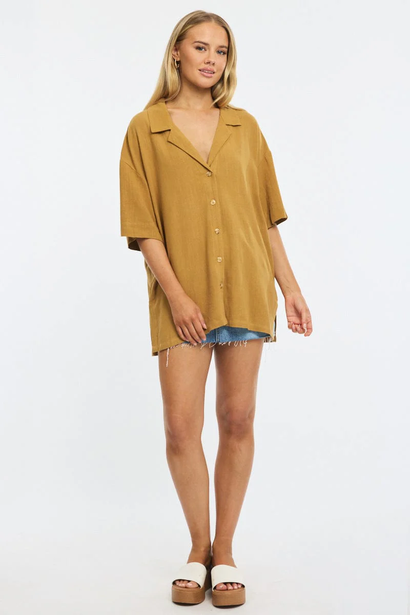 Beige Relaxed Shirt Short Sleeve Collared Linen Blend - Image 2