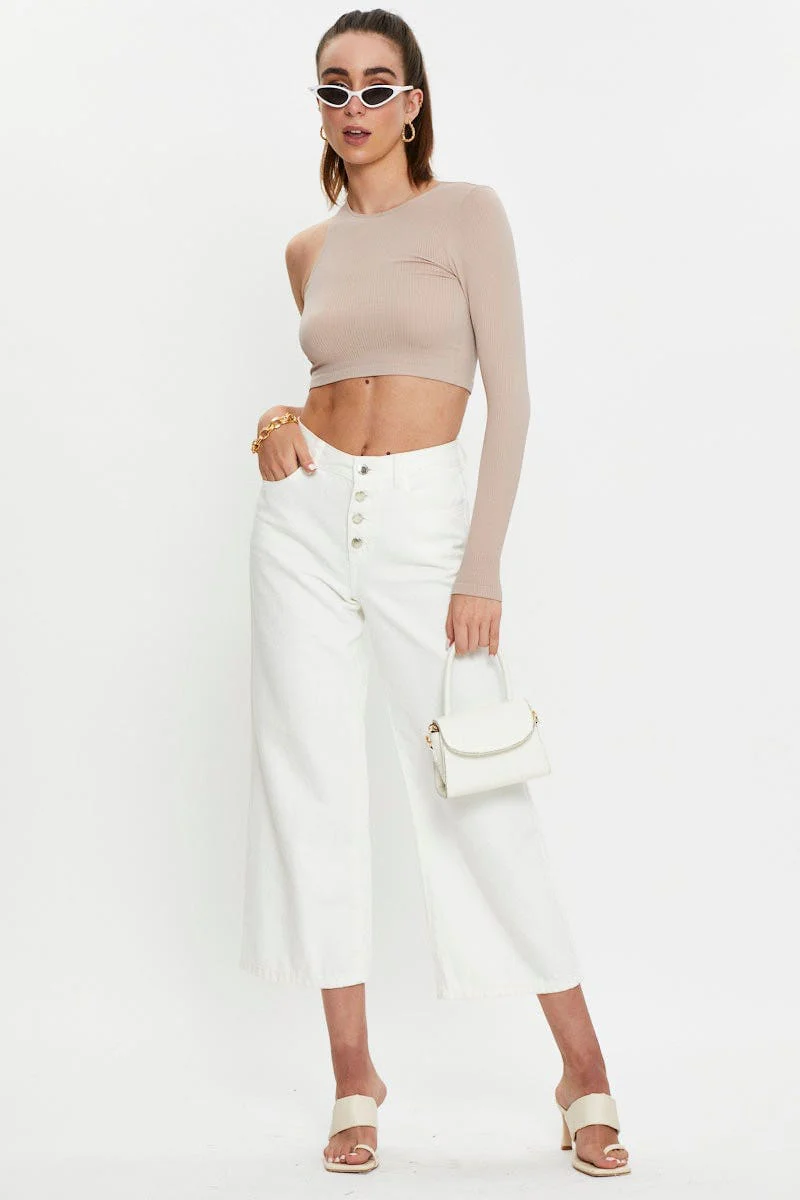 Beige Seamless One Shoulder Basic Top - Image 3