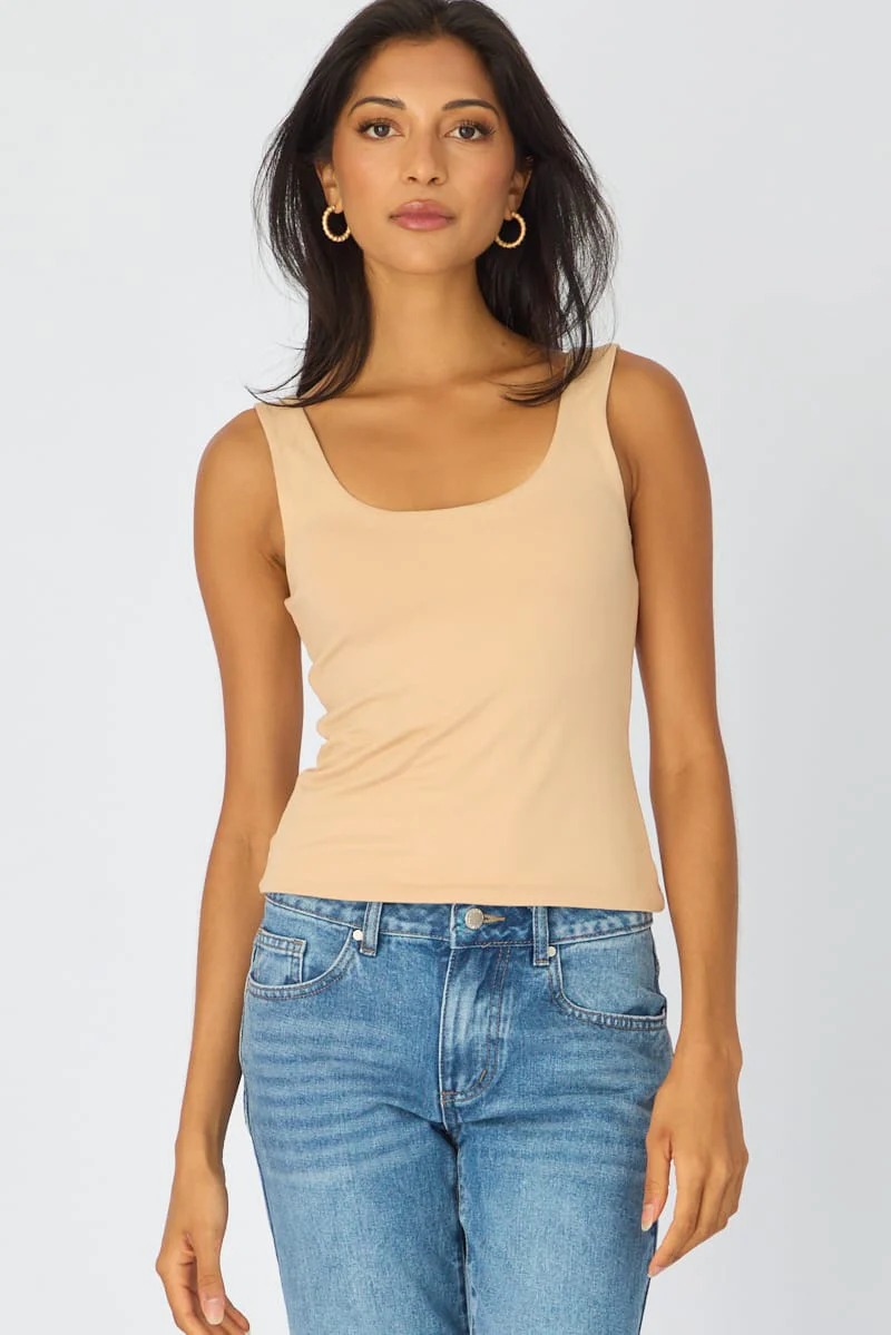 Beige Sleeveless Scoop Neck Tank Top - Image 2