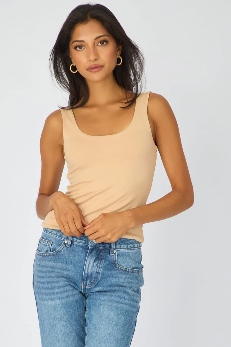 Beige Sleeveless Scoop Neck Tank Top - Image 3