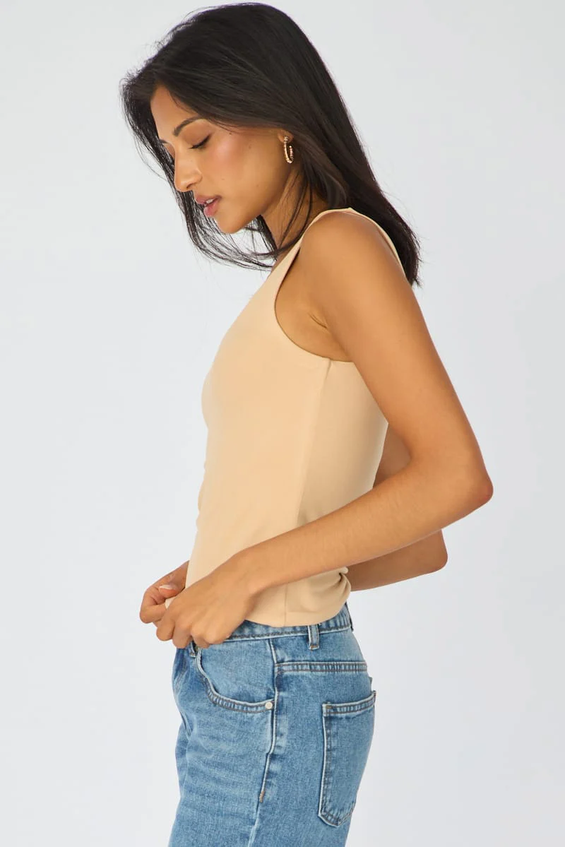 Beige Sleeveless Scoop Neck Tank Top - Image 4