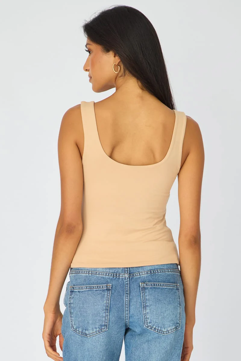 Beige Sleeveless Scoop Neck Tank Top - Image 5