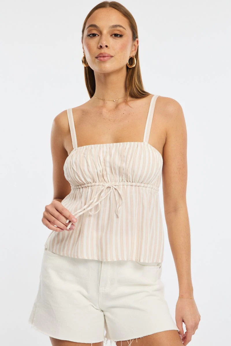 Beige Stripe Cami Top Sleeveless Front Tie Babydoll Rayon
