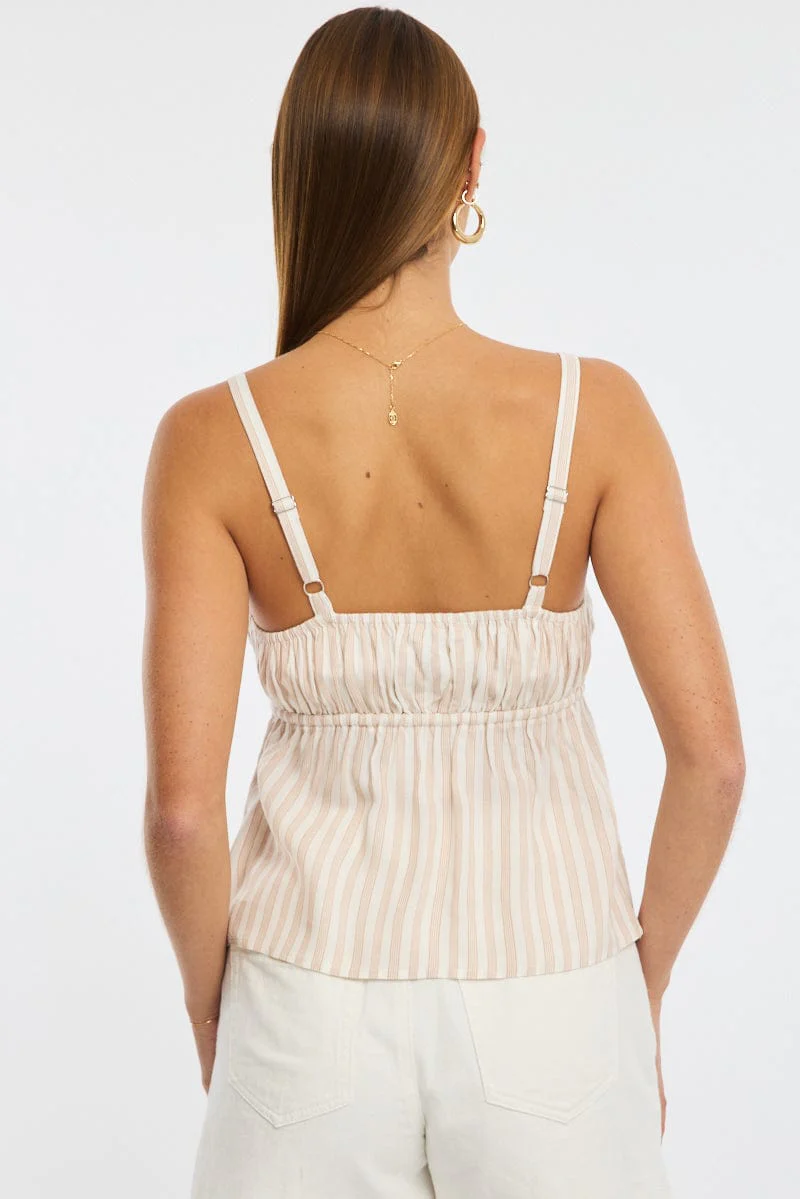 Beige Stripe Cami Top Sleeveless Front Tie Babydoll Rayon - Image 4