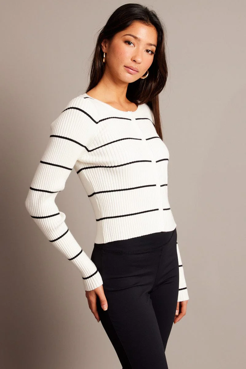 Beige Stripe Fitted Cardigan Long Sleeve Round Neck Stripe - Image 4