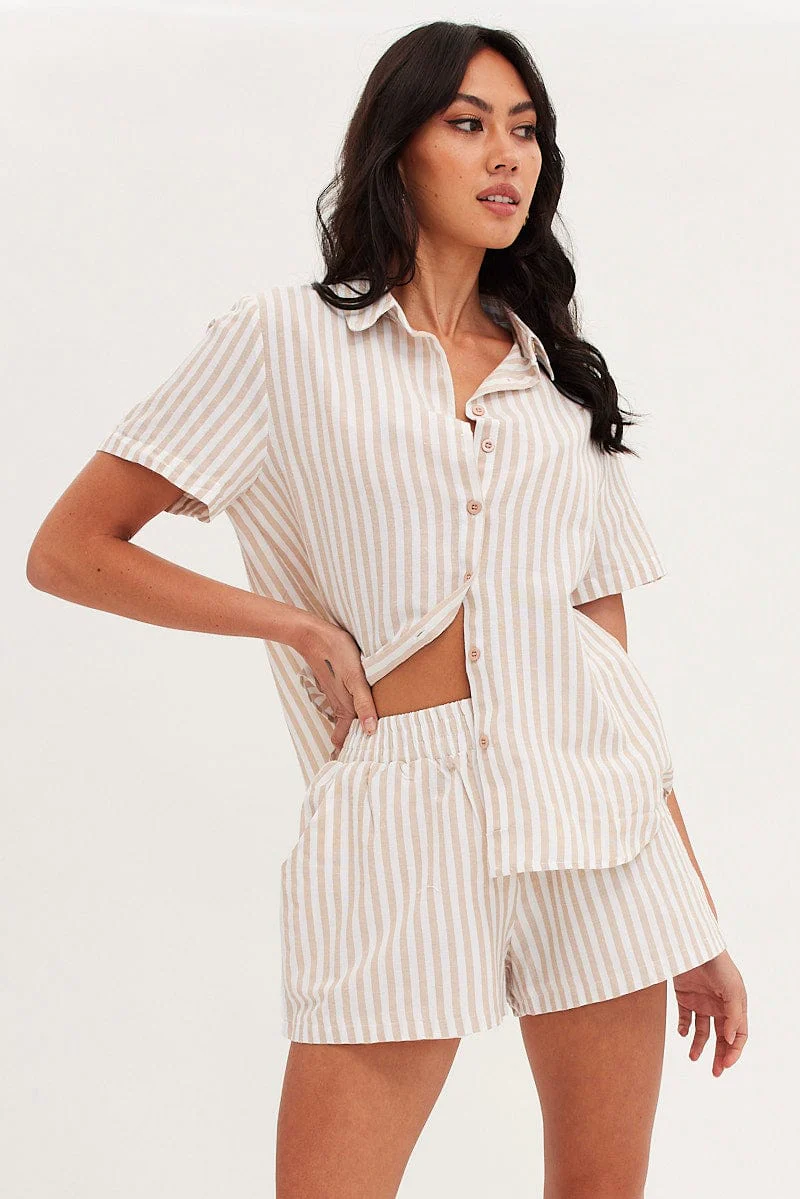 Beige Stripe Oversized Shirt Short Sleeve Collared Button Up - Image 3