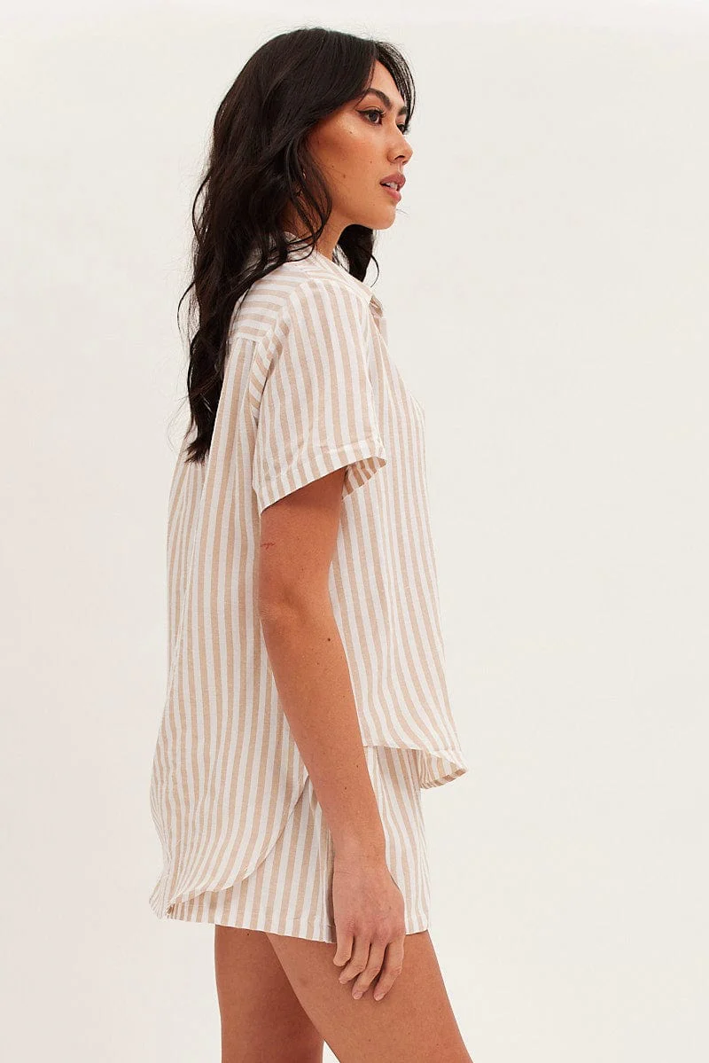 Beige Stripe Oversized Shirt Short Sleeve Collared Button Up - Image 4