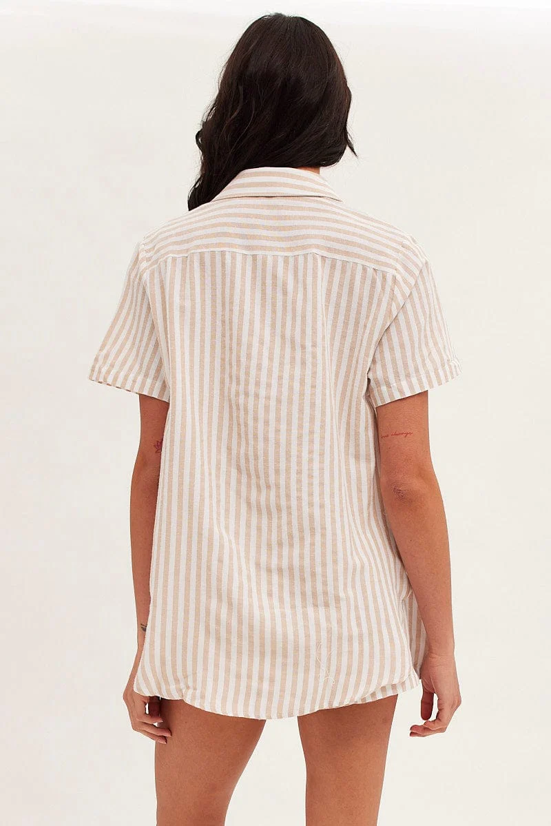 Beige Stripe Oversized Shirt Short Sleeve Collared Button Up - Image 5