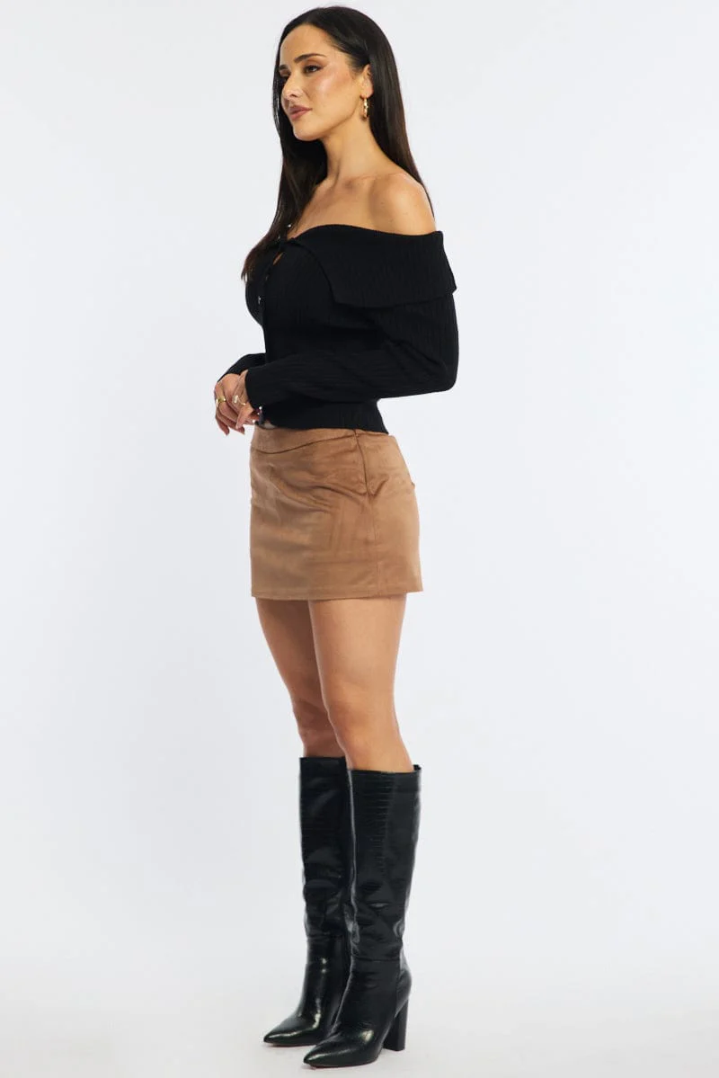 Beige Suede Mini Skort Skirt Mid Rise Faux Leather - Image 4