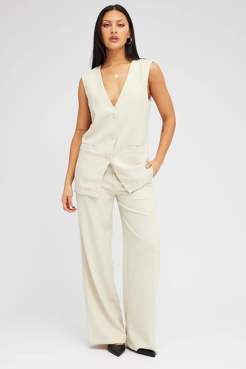 Beige Wide Leg Pants High Rise - Image 3