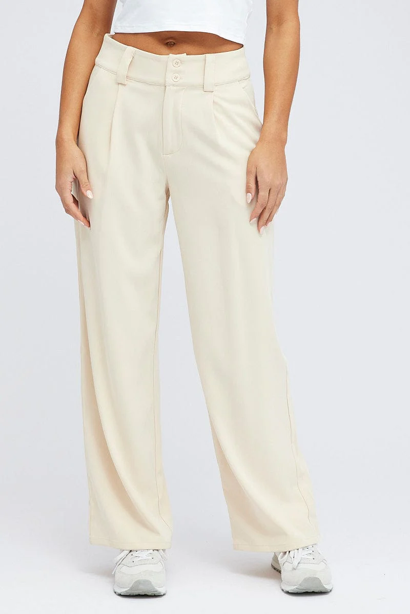 Beige Wide Leg Pants High Rise - Image 2