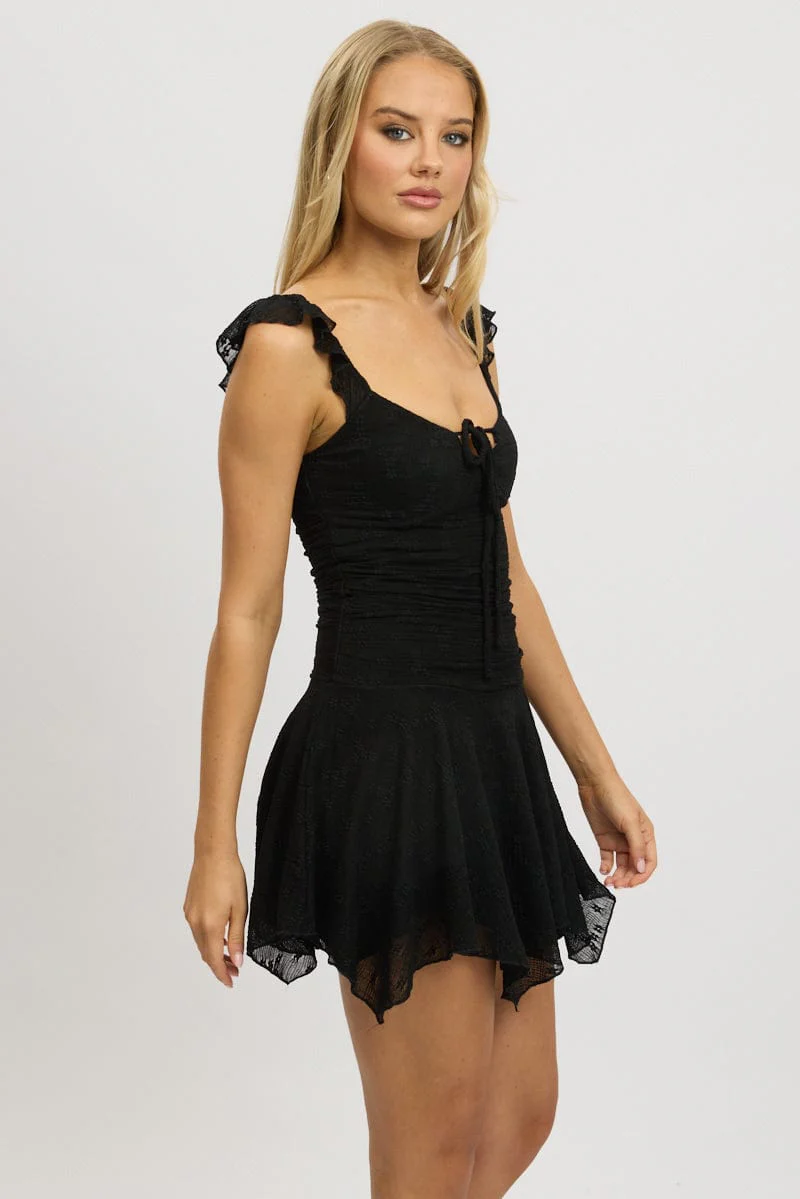 Black A-Line Dress Frilled Sleeve Mini Lace - Image 4