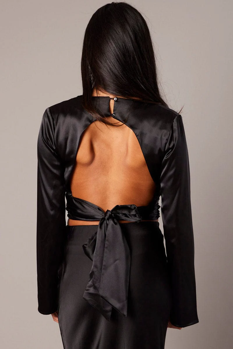 Black Backless Top Flared Sleeve High Neck Blouse - Image 5