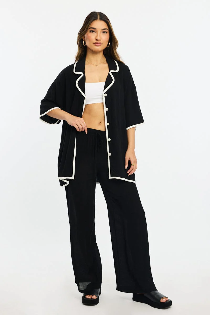 Black Bias Lapel Shirt Short Sleeve Relaxed Linen Blend - Image 2