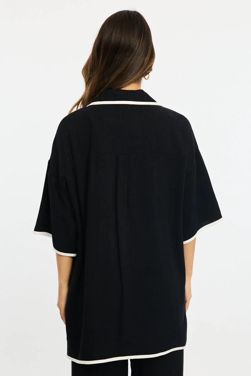 Black Bias Lapel Shirt Short Sleeve Relaxed Linen Blend - Image 4