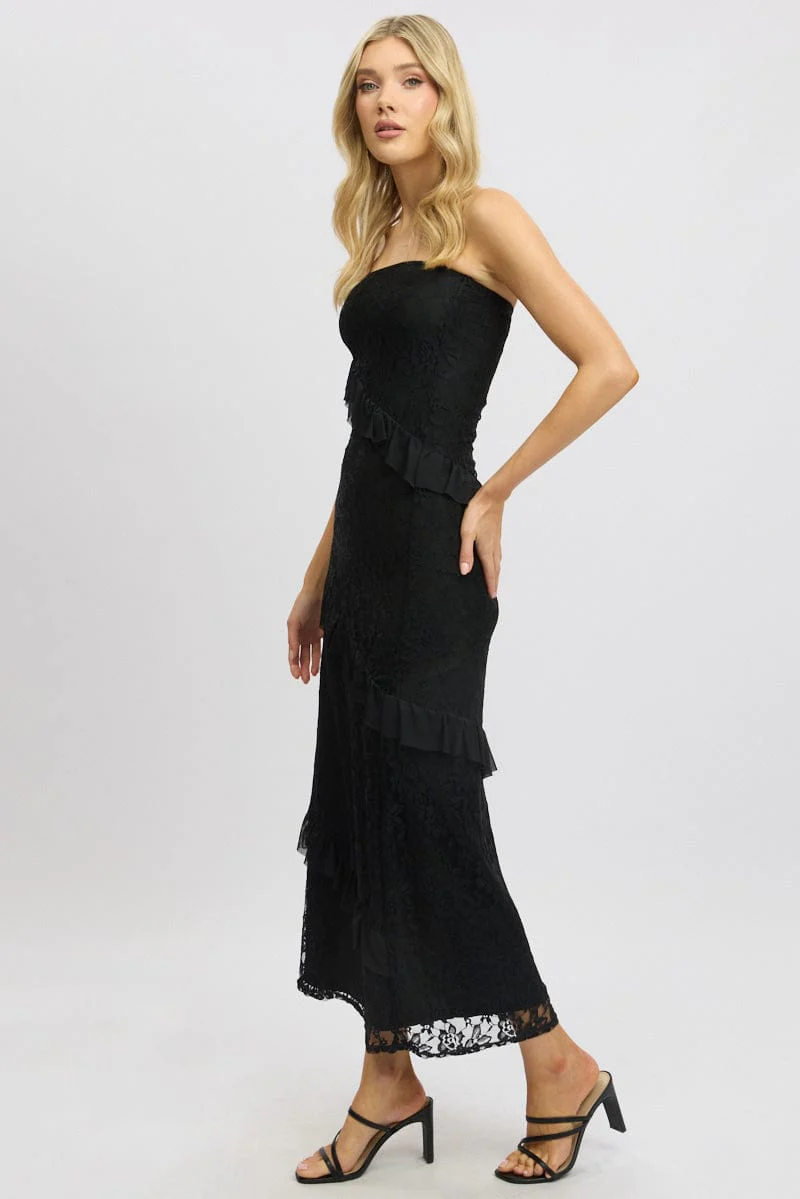 Black Bodycon Dress Boob Tube Ruffle Midi Lace - Image 4