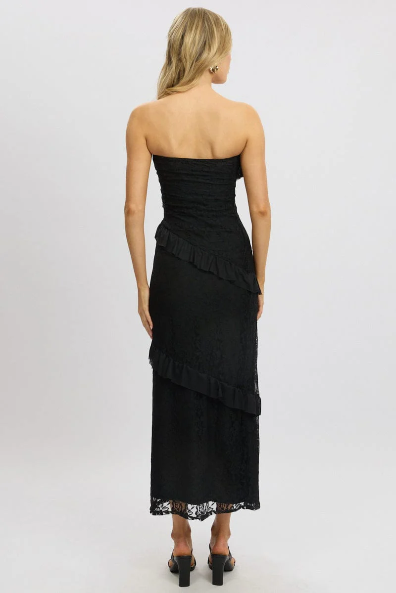 Black Bodycon Dress Boob Tube Ruffle Midi Lace - Image 5