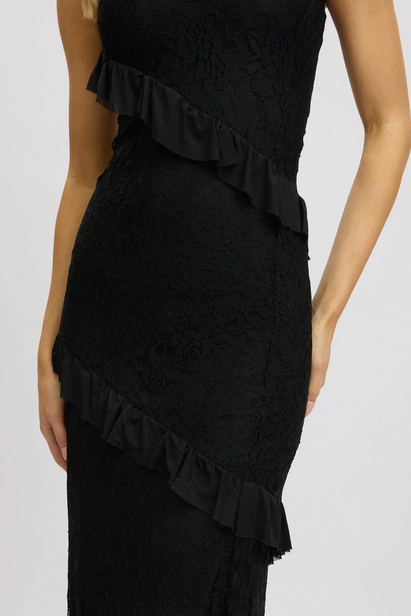 Black Bodycon Dress Boob Tube Ruffle Midi Lace - Image 6