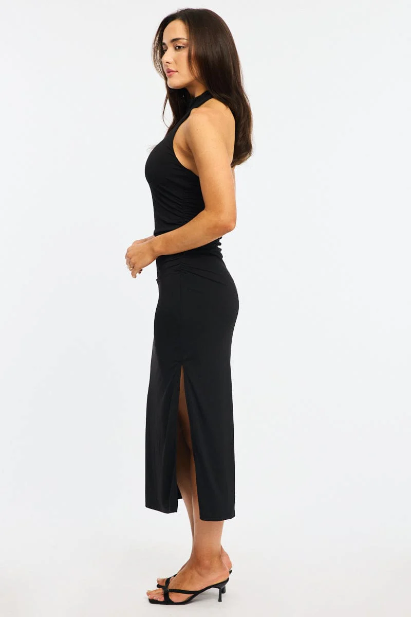 Black Bodycon Dress High Neck Side Ruched - Image 3