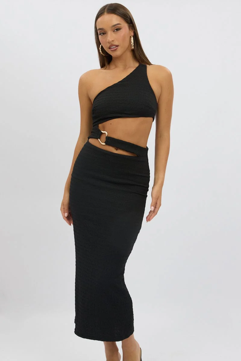 Black Bodycon Dress One Shoulder Textured - Image 3