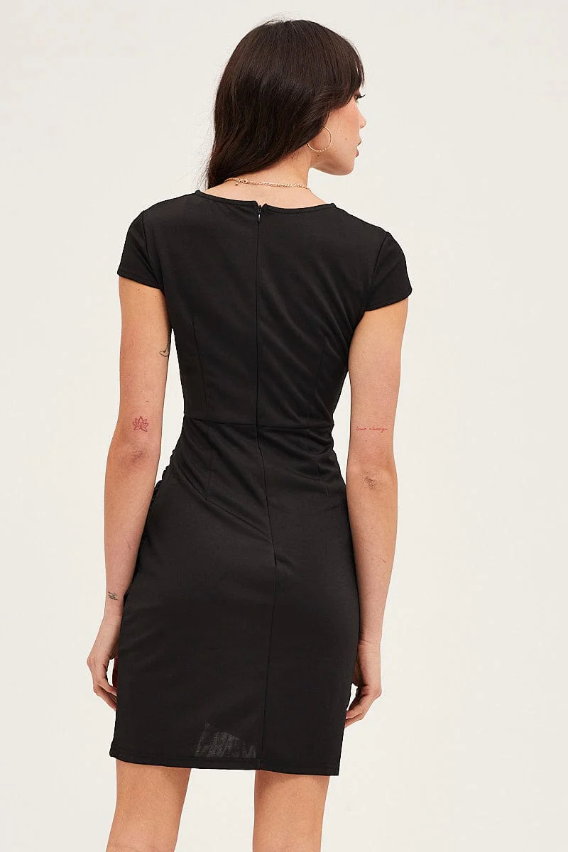 Black Bodycon Dress Short Sleeve Mini V Neck - Image 5