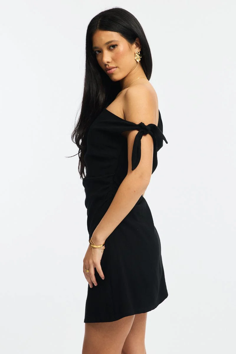 Black Bodycon Dress Tie Up Shoulder - Image 3