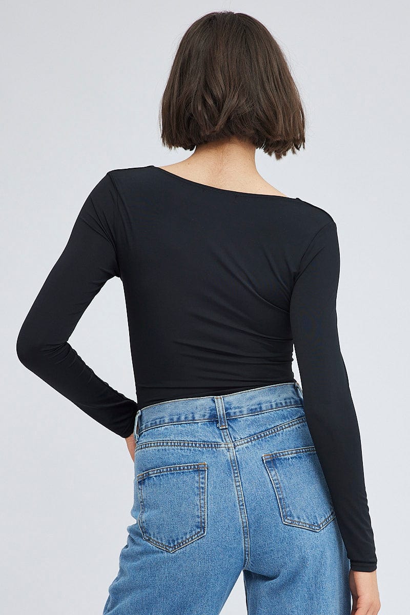 Black Bodysuit Long Sleeve Square Neck Ruched Nylon - Image 5