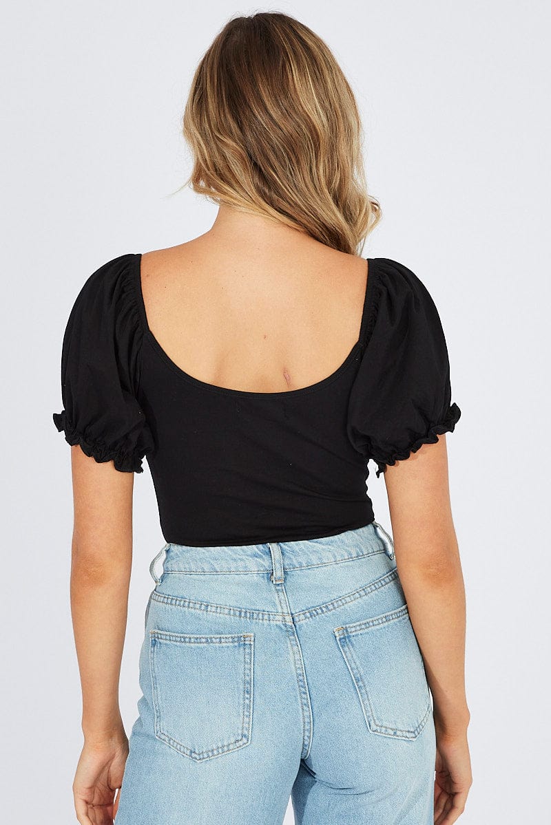 Black Bodysuit Short Sleeve Sweetheart Neckline Jersey - Image 4