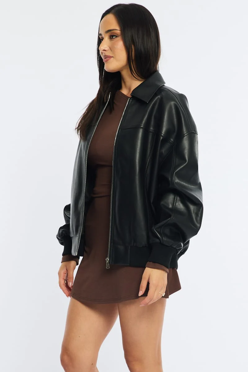 Black Bomber Jacket Faux Leather - Image 4
