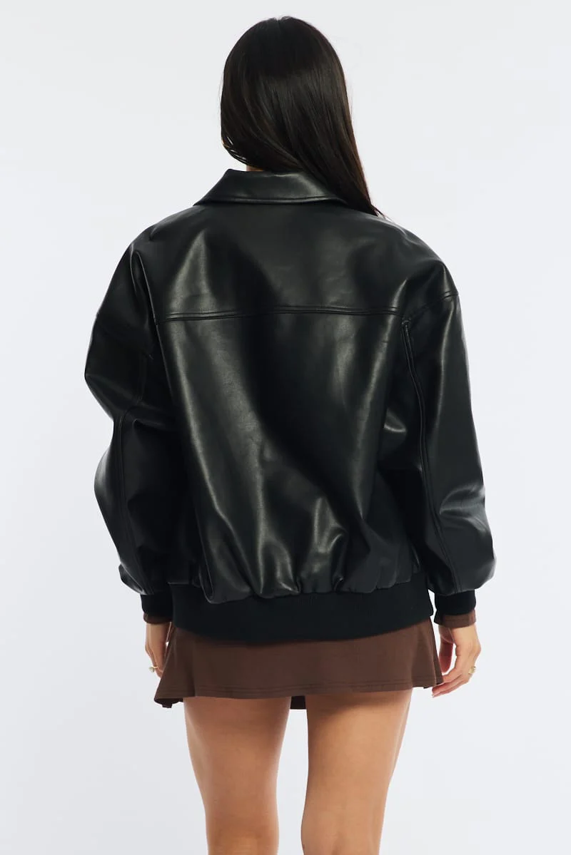Black Bomber Jacket Faux Leather - Image 5