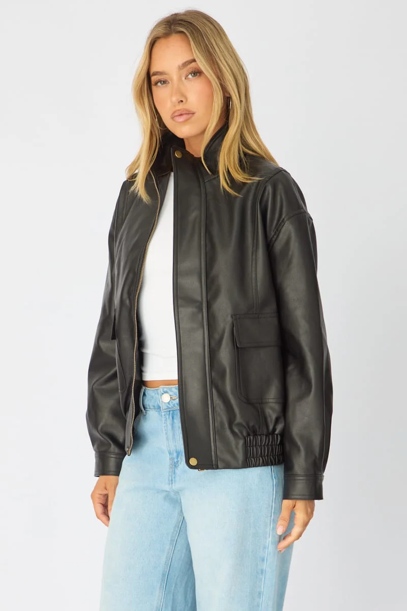 Black Bomber Jacket Washed Faux Leather - Image 4