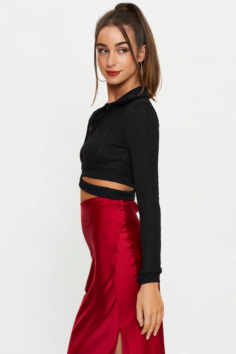 Black Button Front Polo Top - Image 5