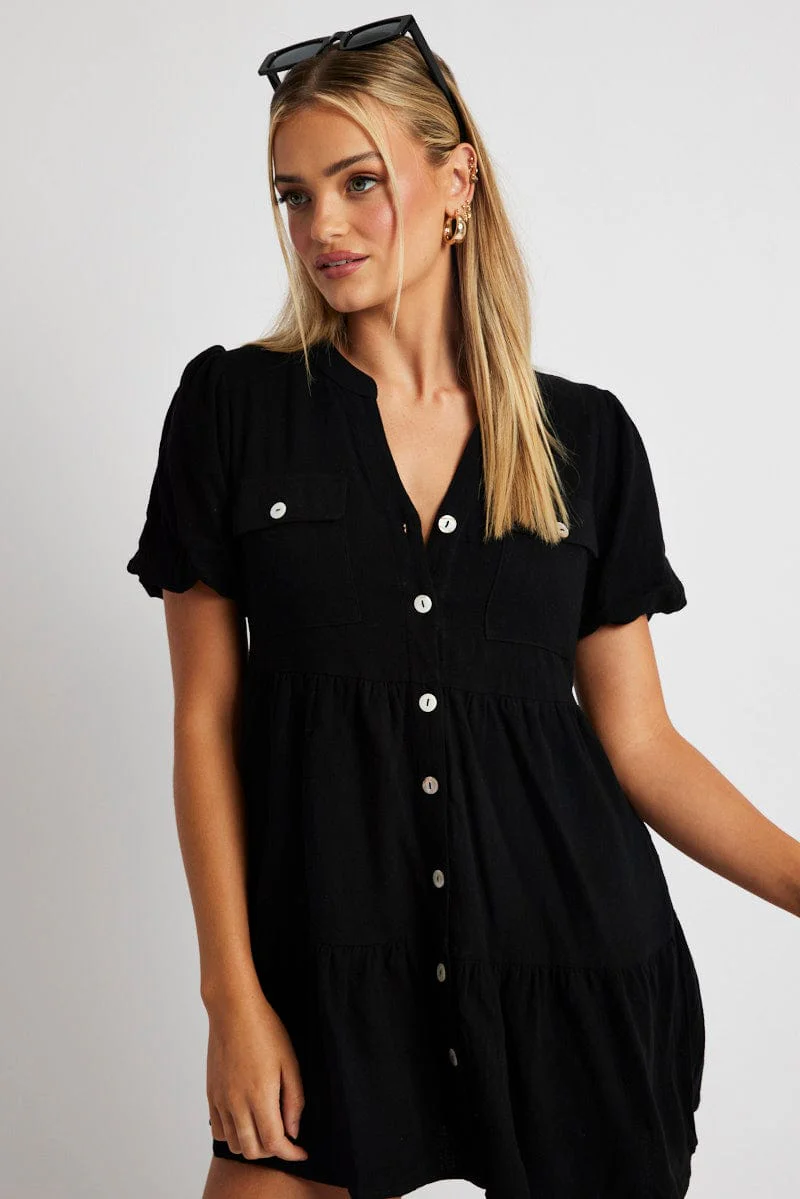Black Button Through Mini Dress Collar Linen Blend