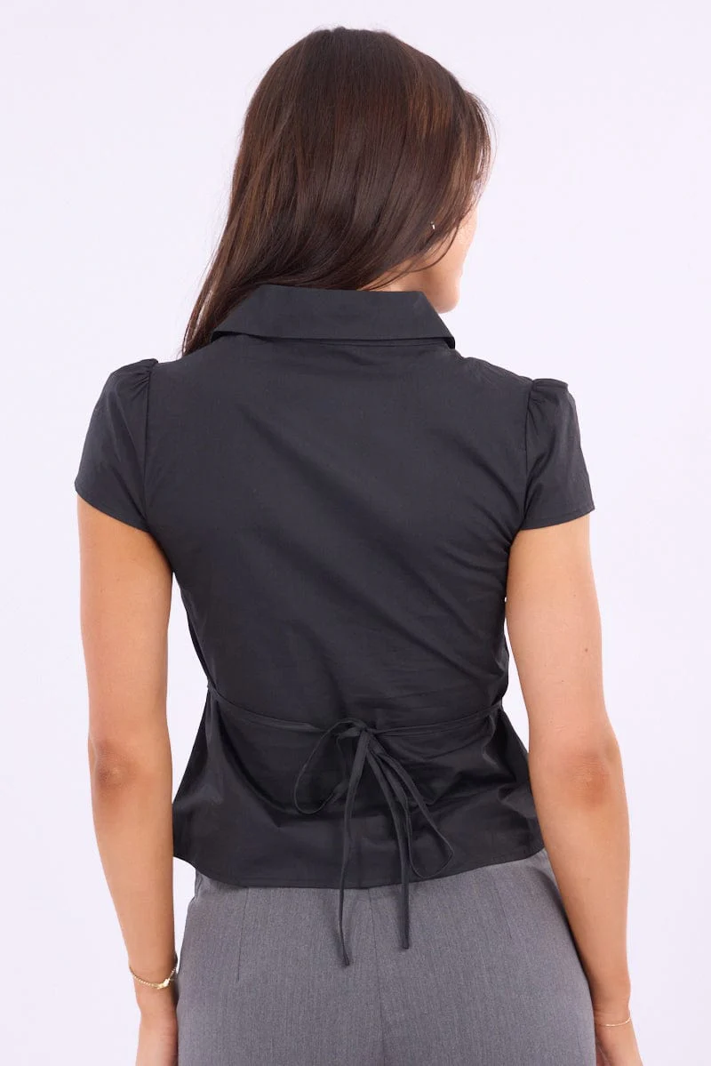 Black Button Up Shirt Short Sleeve Collared Tie Back - Image 4