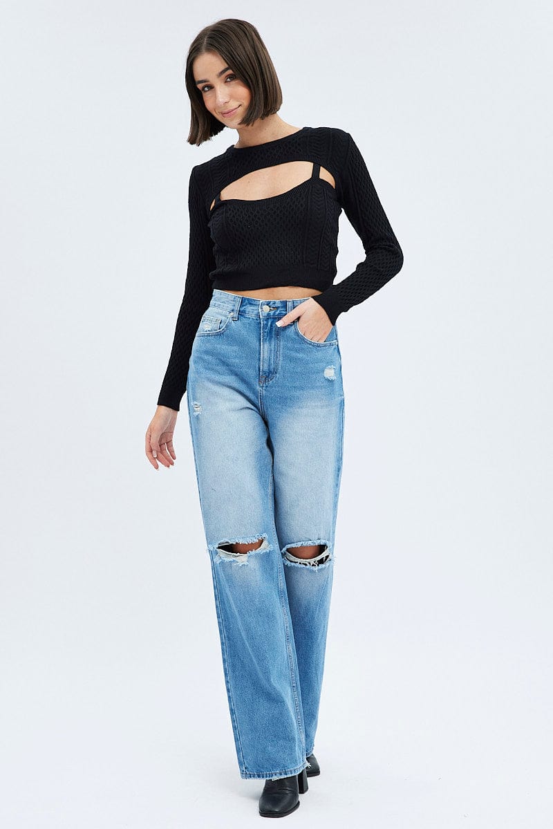 Black Cable Knit Shrug And Singlet Top Long Sleeve - Image 2