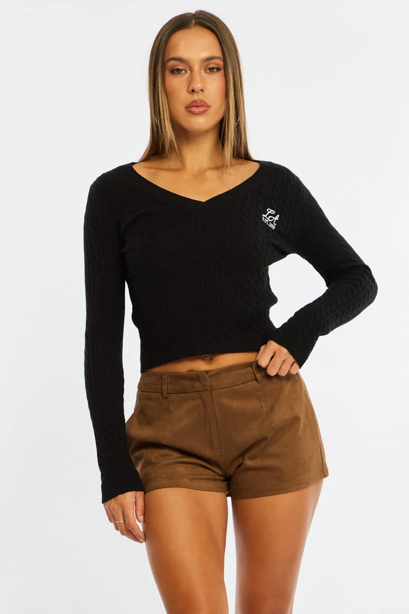 Black Cable Knit Top V-neck Embroidered Detail - Image 4