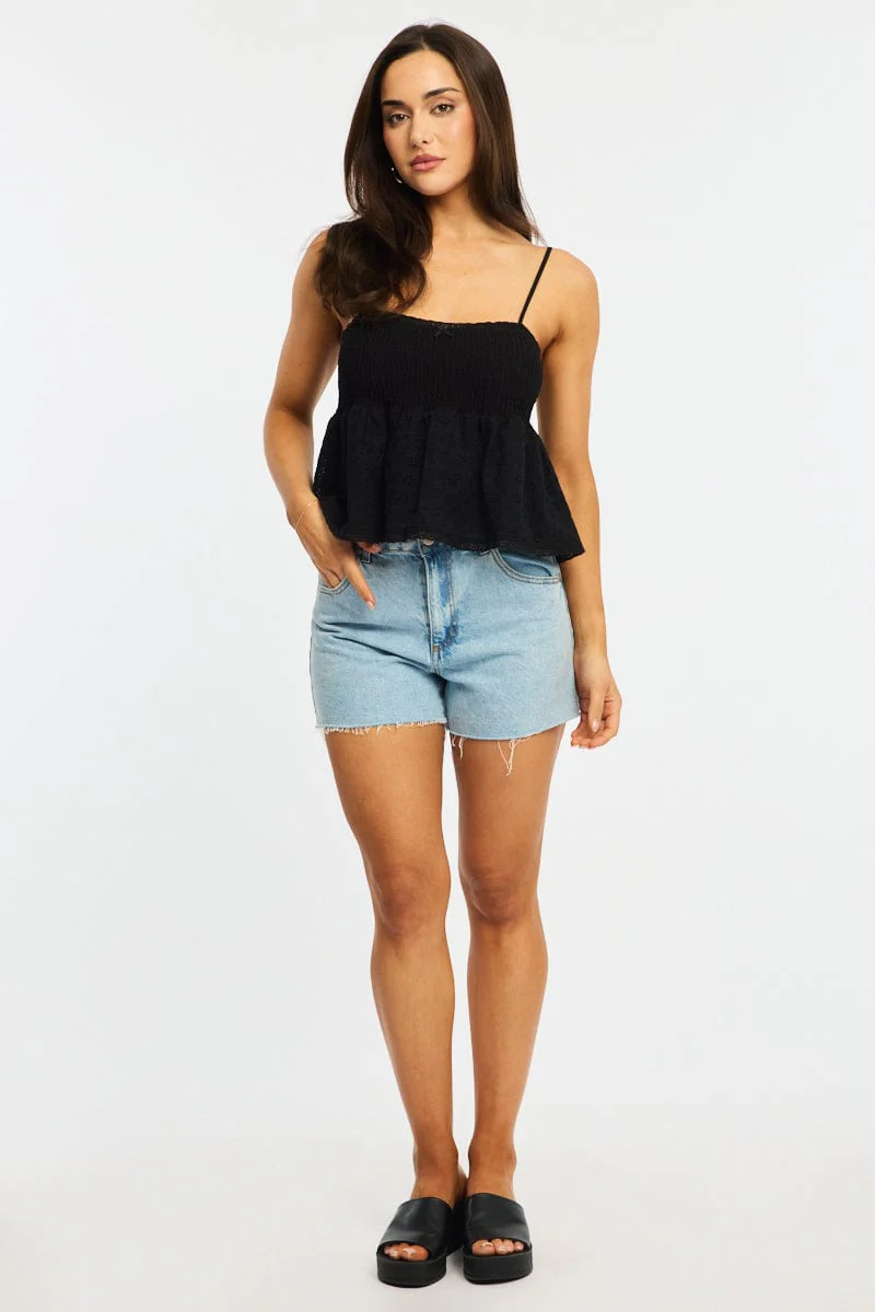 Black Cami Sleeveless Square Neck Shirred Bust Eyelet - Image 2