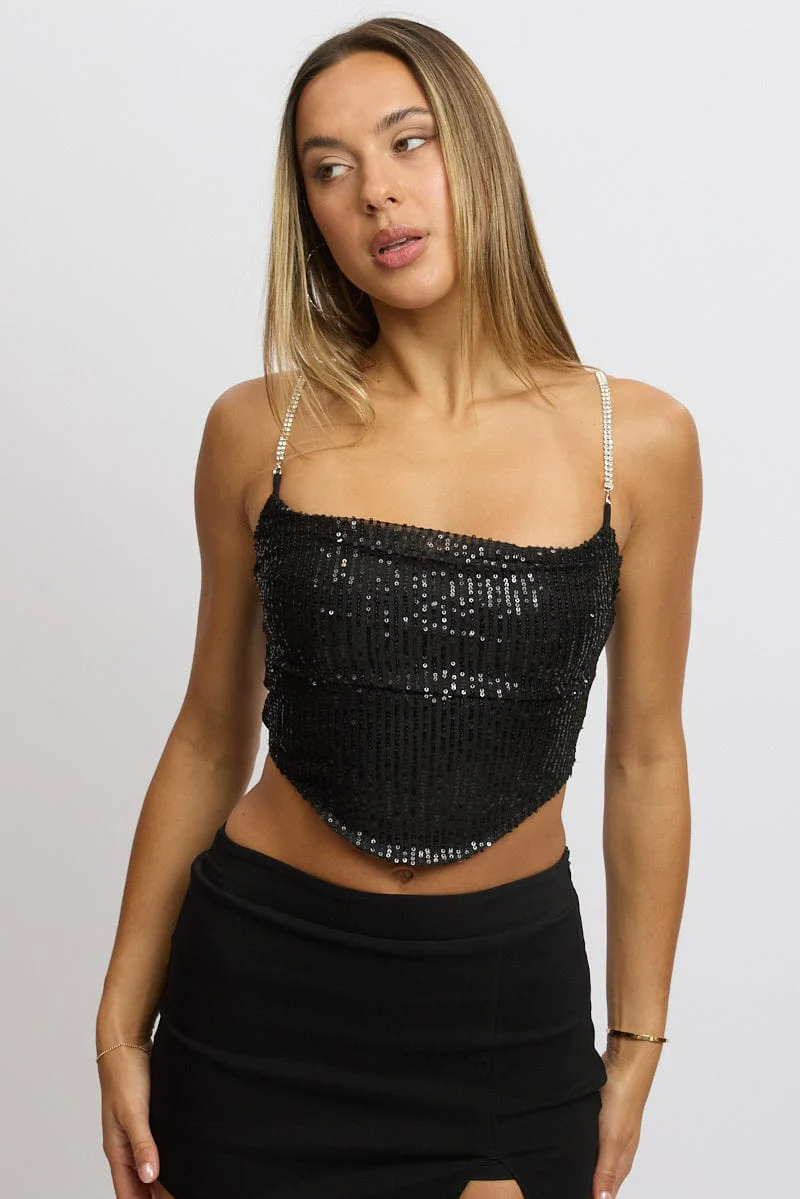 Black Cami Top Cowl Neck Metallic - Image 3
