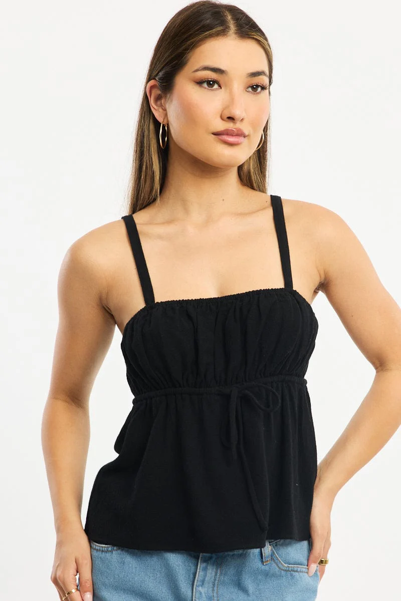 Black Cami Top Sleeveless Front Tie Babydoll Linen Blend