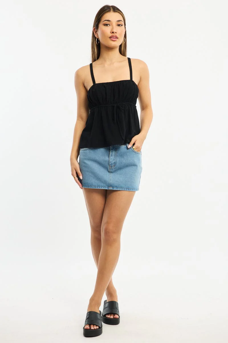 Black Cami Top Sleeveless Front Tie Babydoll Linen Blend - Image 2
