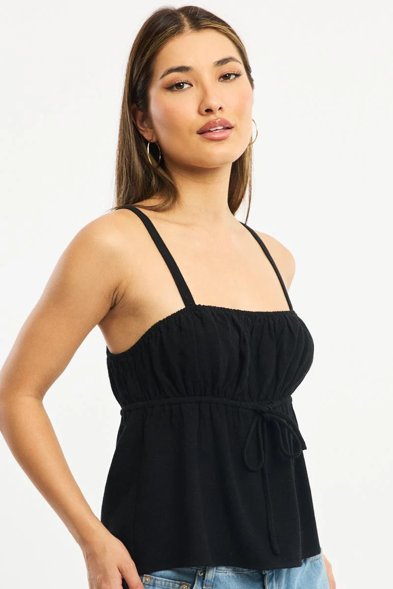Black Cami Top Sleeveless Front Tie Babydoll Linen Blend - Image 3
