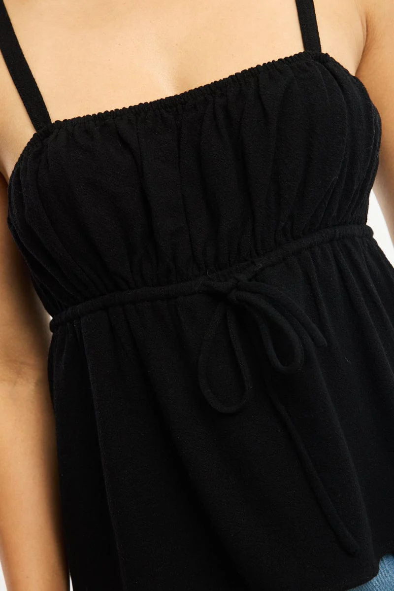 Black Cami Top Sleeveless Front Tie Babydoll Linen Blend - Image 5