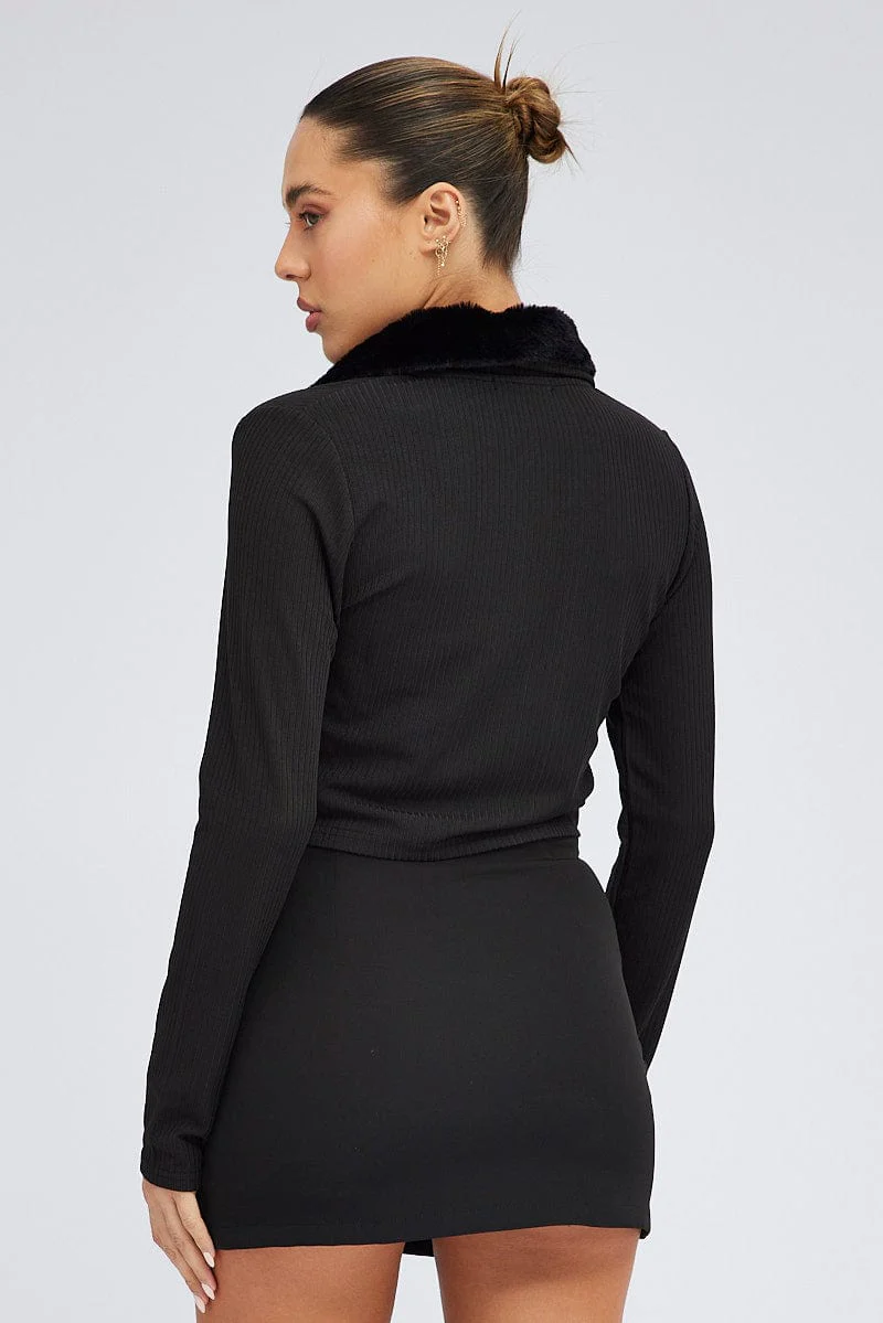 Black Cardigan Crop Long Sleeve Faux Fur V Neck - Image 5
